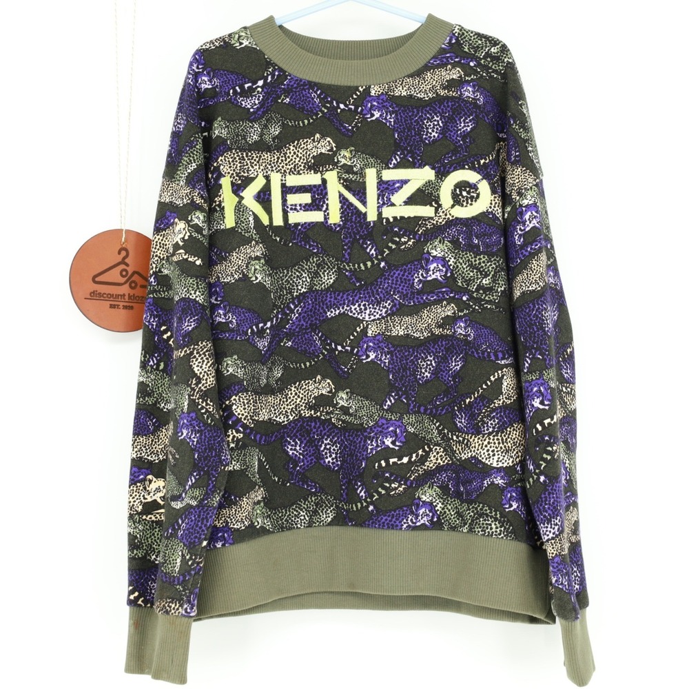Kenzo Kids Leopard Print Sweatshirt Olive Green Purple‎ Logo Pullover Size 10